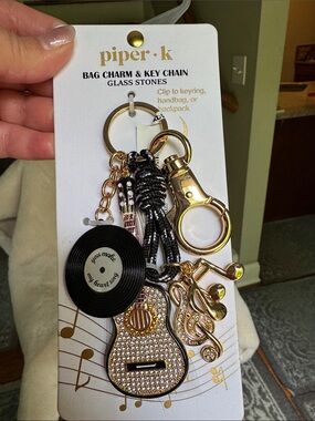 Piper Gold & Black Musical Guitar and Vinyl Bag Charm Keychain